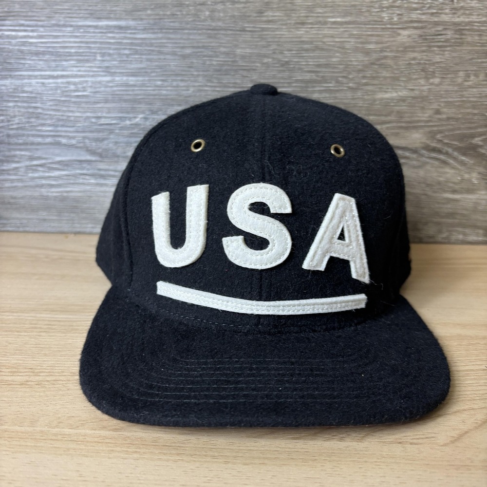 USA Hat Cap Strap Back Mens Black Cotton Official Crown of Laurel Leather Strap